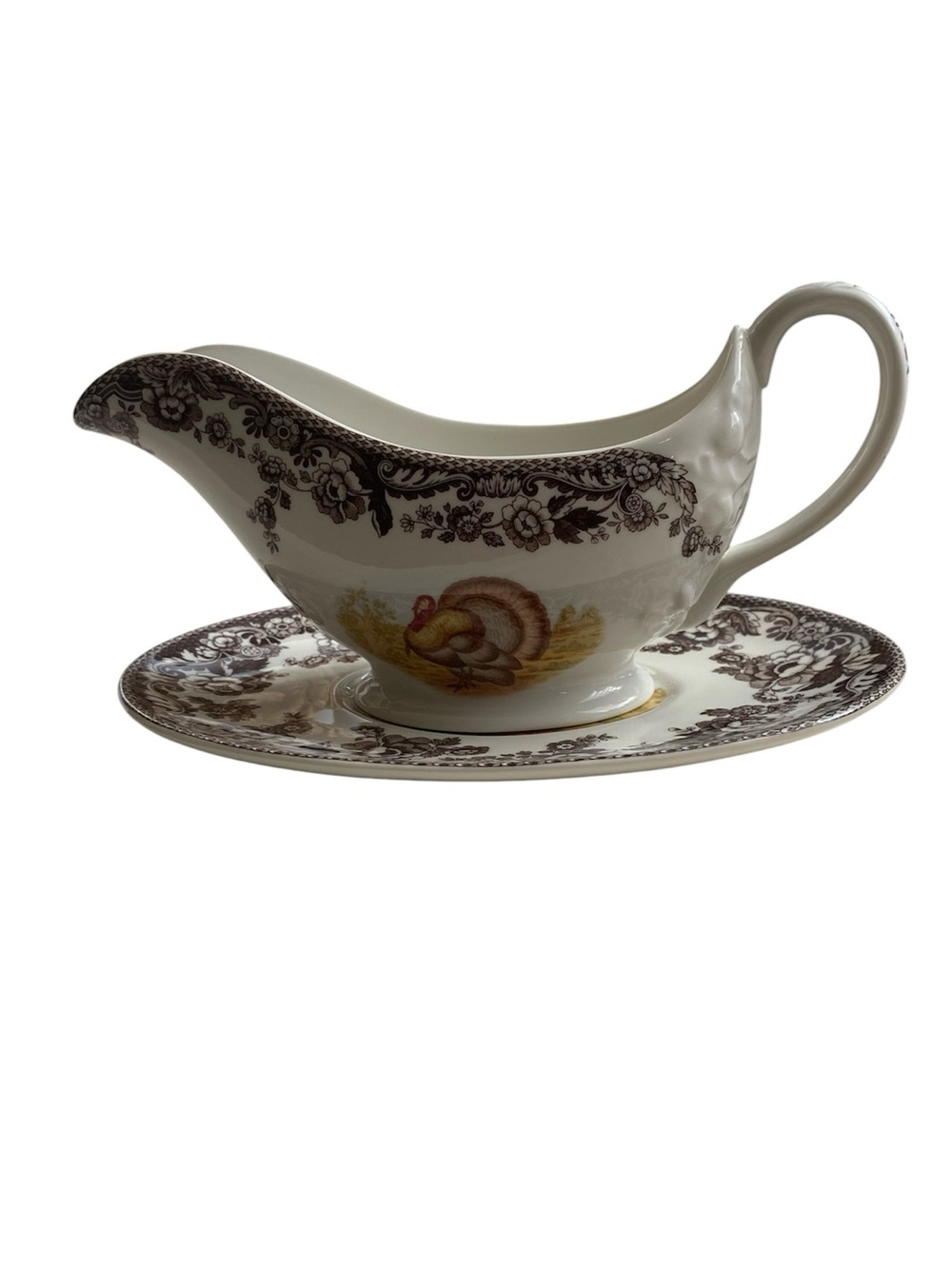Spode Brown and Cream Turkey Motif Gravy Boat with Underplate